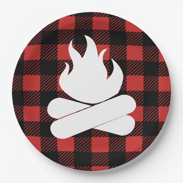 Assiettes En Carton Rustique Buffalo Check Plaid & Campfire (Devant)