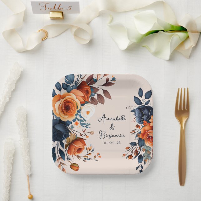 Assiettes En Carton Rustique Burnt Orange et Mariage bleu (Mariage)