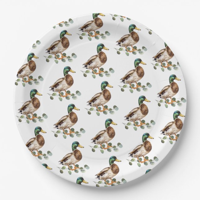 Assiettes En Carton Rustique Chic Aquarelle Mallard Canard (Devant)