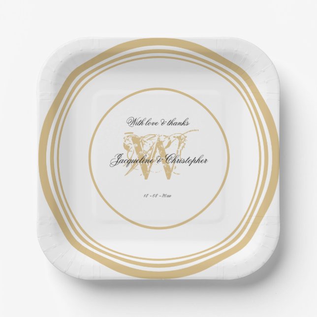 Assiettes En Carton Rustique Chic Romantique Blanc Mariage or Monogram (Recto)