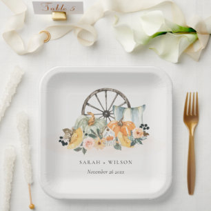 Assiettes En Carton Rustique Citrouille de chute Mariage de roue flora