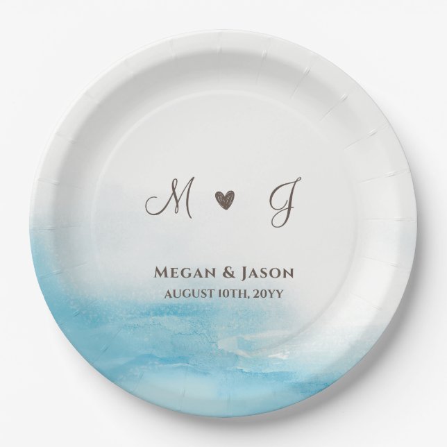 Assiettes En Carton Rustique Dusty Blue Monogrammed Mariage personnali (Devant)