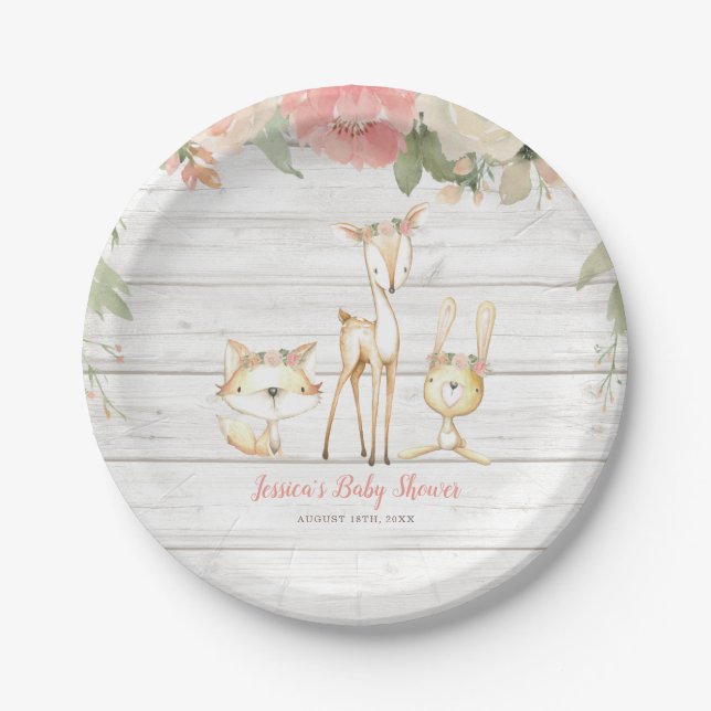 Assiettes En Carton Rustique Floral Bois Animaux Fille Baby shower (Devant)