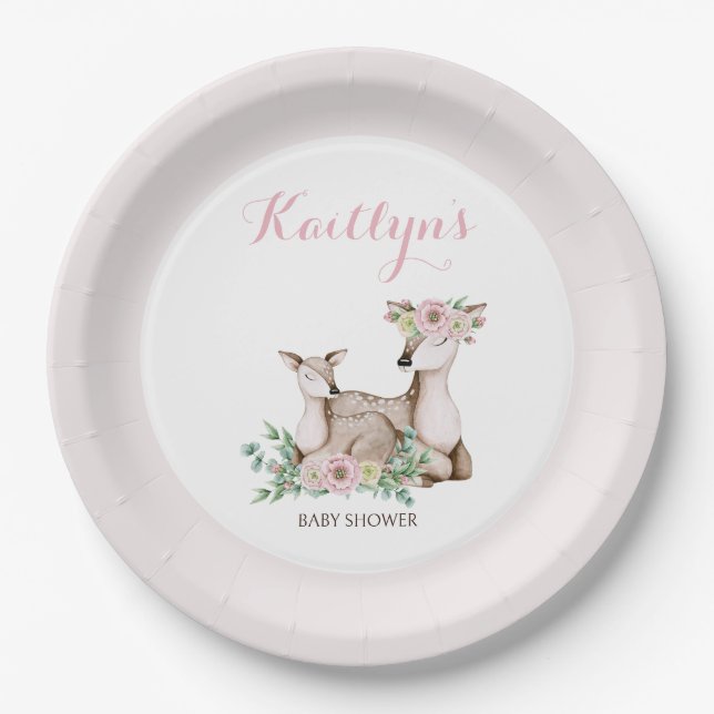 Assiettes En Carton Rustique Floral Mommy et Baby Deer Baby shower (Devant)