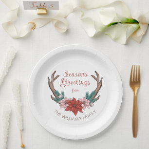 Assiettes En Carton Rustique Floral Noël Antlers Joyeuses Fêtes