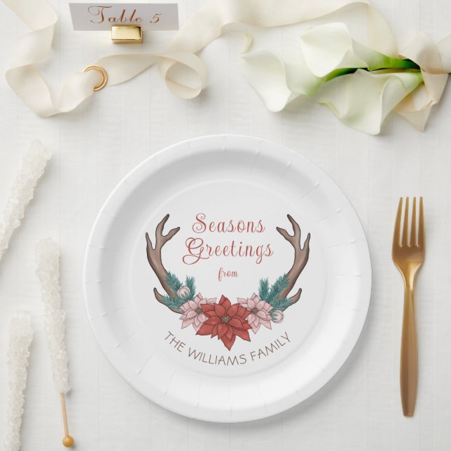 Assiettes En Carton Rustique Floral Noël Antlers Joyeuses Fêtes (Mariage)