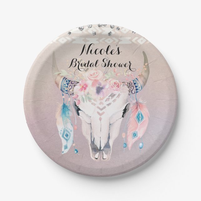 Assiettes En Carton Rustique Glam Boho Floral Vache Crâne Chic Party (Devant)