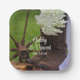 Assiettes En Carton Rustique Hydrangea et Bottes de cowboy Mariage occ