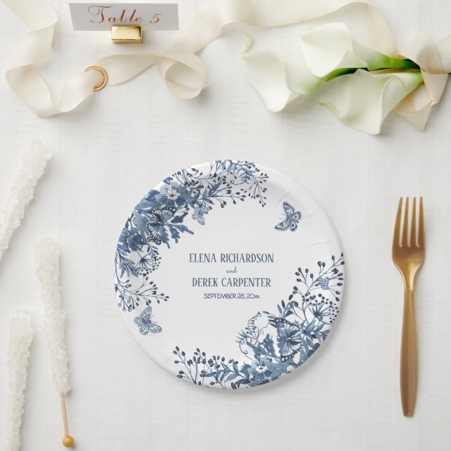 Assiettes En Carton Rustique Jardin Bleu Aquarelle blanche Mariage Flo (Mariage)