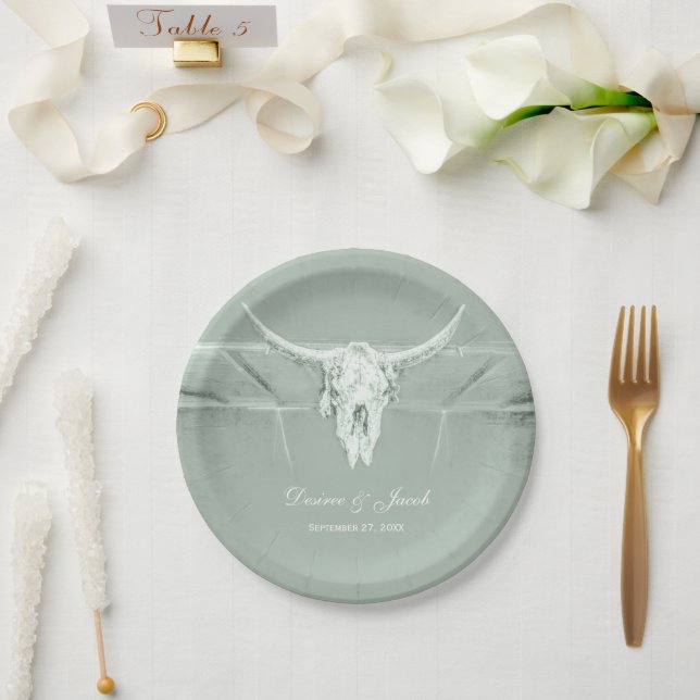 Assiettes En Carton Rustique Pastel Sage Vert Blanc Vache Occidentale  (Mariage)