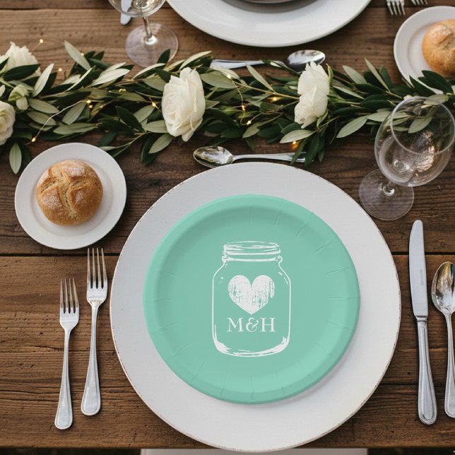 Assiettes En Carton Rustique pays chic mason jarre plaque de papier (mint green paper plate for wedding. Mason jar outline)