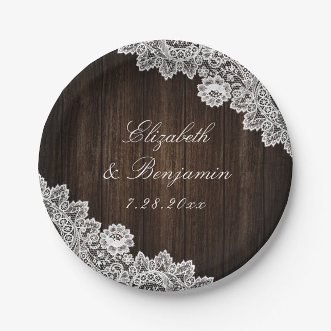 Assiettes En Carton Rustique Pays dentelle Mariage (Devant)