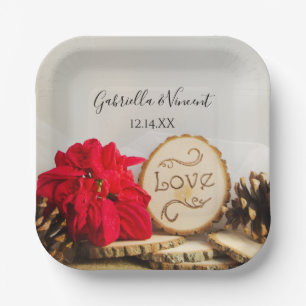 Assiettes En Carton Rustique Rouge Poinsettia Bois Mariage d'hiver