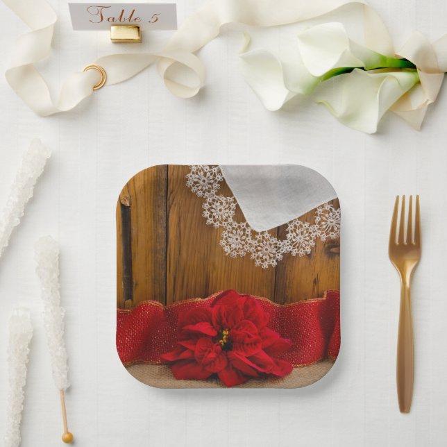 Assiettes En Carton Rustique Rouge Poinsettia Pays Mariage d'hiver (Mariage)