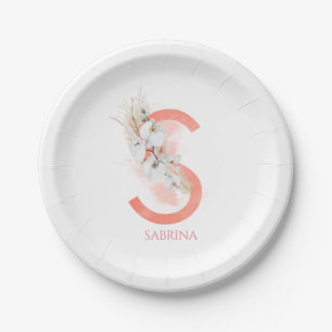 Assiettes En Carton S Monogramme Nom Herbe de Pampas Orchidées Blanche