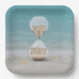 Assiettes En Carton Sablier du Nouvel An 2027 sur la plage