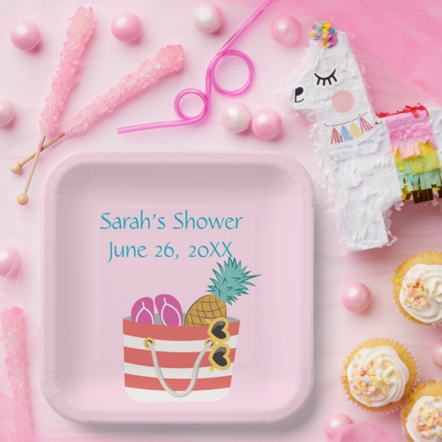 Assiettes En Carton Sac de plage rose (Fête)