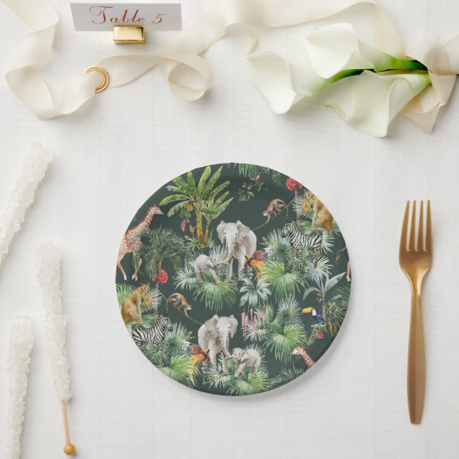 Assiettes En Carton Safari Animal Jungle Vert Baby shower tropical (Mariage)
