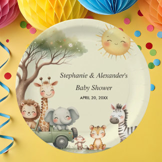 Assiettes En Carton Safari animals gender neutral baby shower round