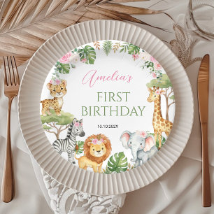 Assiettes En Carton Safari Animaux de la Jungle Fille Fleur Rose Anniv