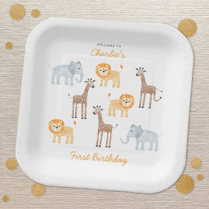 Assiettes En Carton Safari Animaux Personnalisés 1er anniversaire