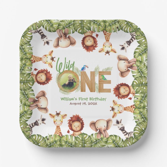 Assiettes En Carton Safari Animaux Wild One Photo First Birthday Wood (Recto)