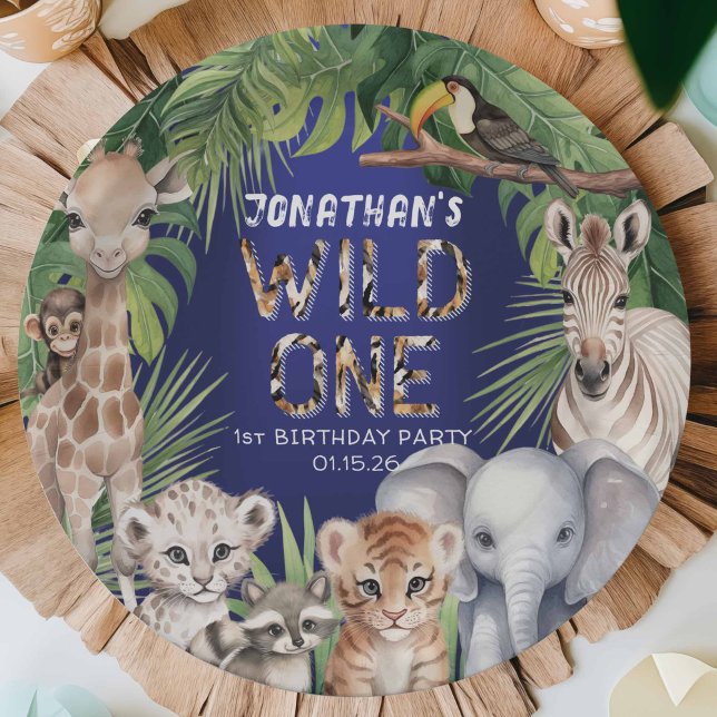Assiettes En Carton safari bleu marine thème sauvage un 1er anniversai (WIld one, boy 1st birthday paper plates, Navy blue safari jungle animals themed birthday celebration)