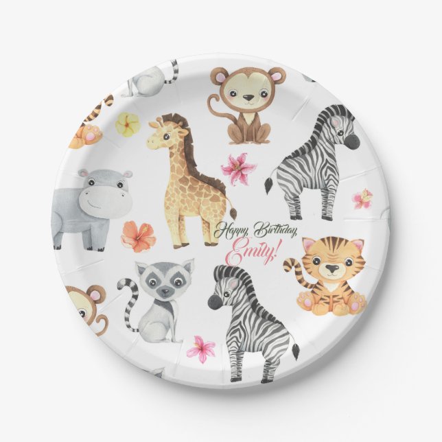 Assiettes En Carton Safari de la jungle tropicale premier anniversaire (Devant)