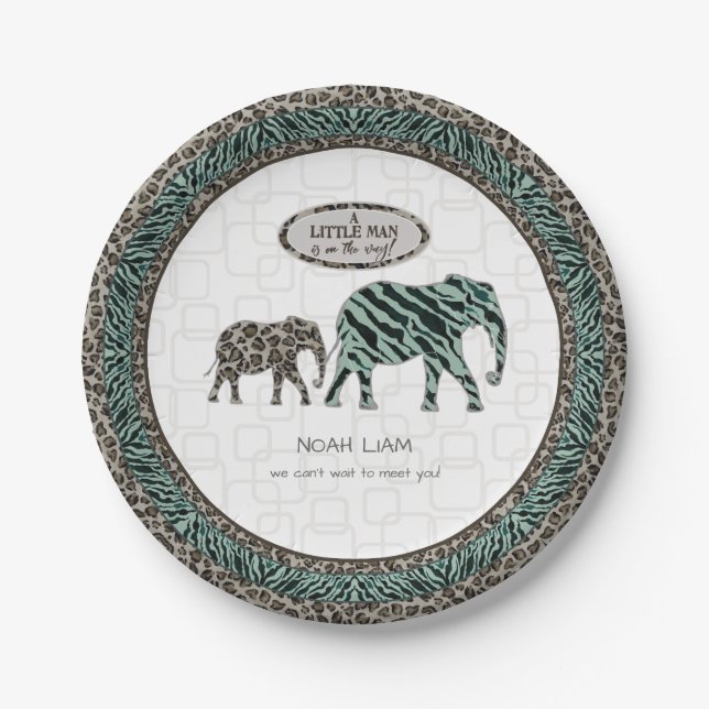Assiettes En Carton Safari Elephants Petit Homme Baby Boy Zebra Douche (Devant)