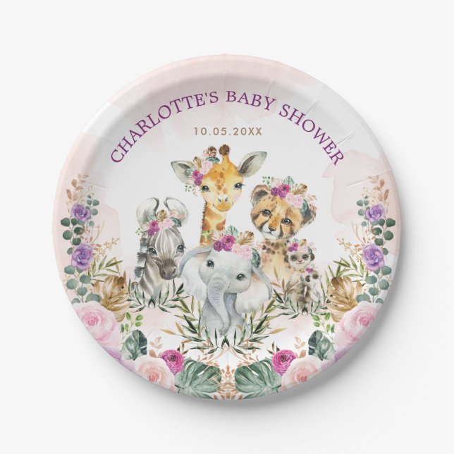 Assiettes En Carton Safari Feminine Jungle Animaux sauvages Boho Baby  (Devant)