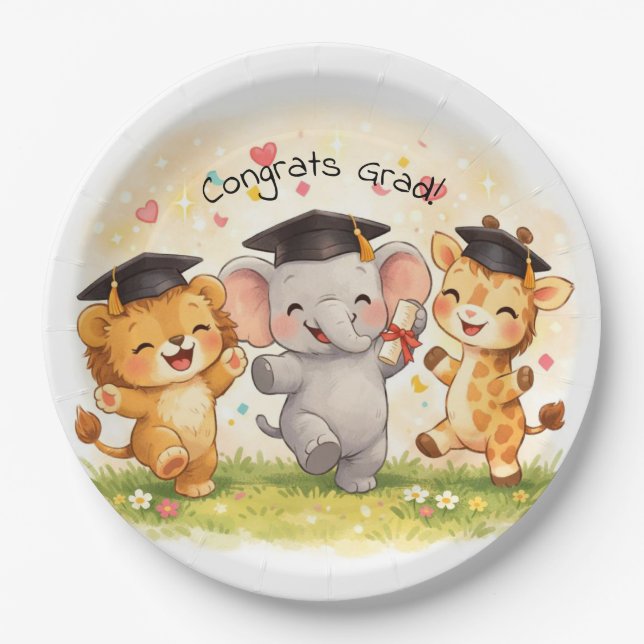 Assiettes En Carton Safari Graduation Cute Animal Pastel Party  (Devant)