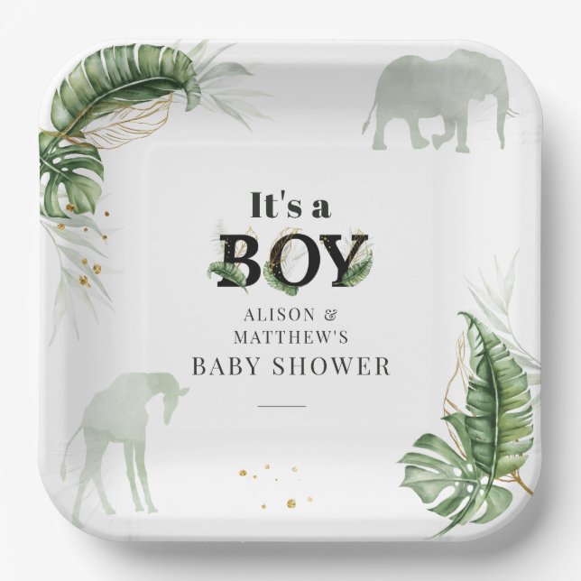 Assiettes En Carton Safari Jungle Elephant Giraffe Baby shower garçon (Recto)