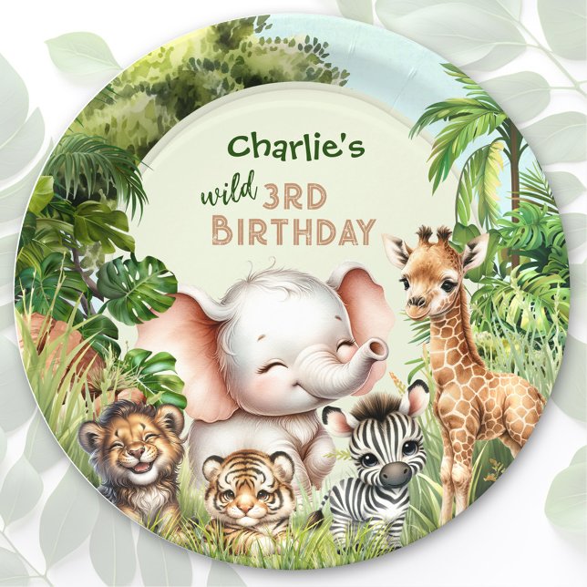 Assiettes En Carton Safari Jungle ZOO Beaux animaux sauvages 3e annive (Safari Jungle ZOO Cute Animals Wild 3rd Birthday Paper Plates)