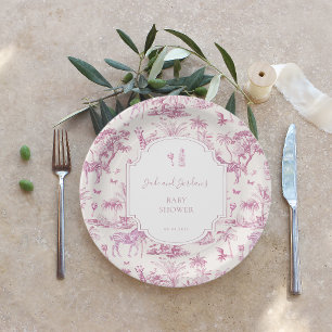 Assiettes En Carton Safari rose Toile de Jouy Baby shower