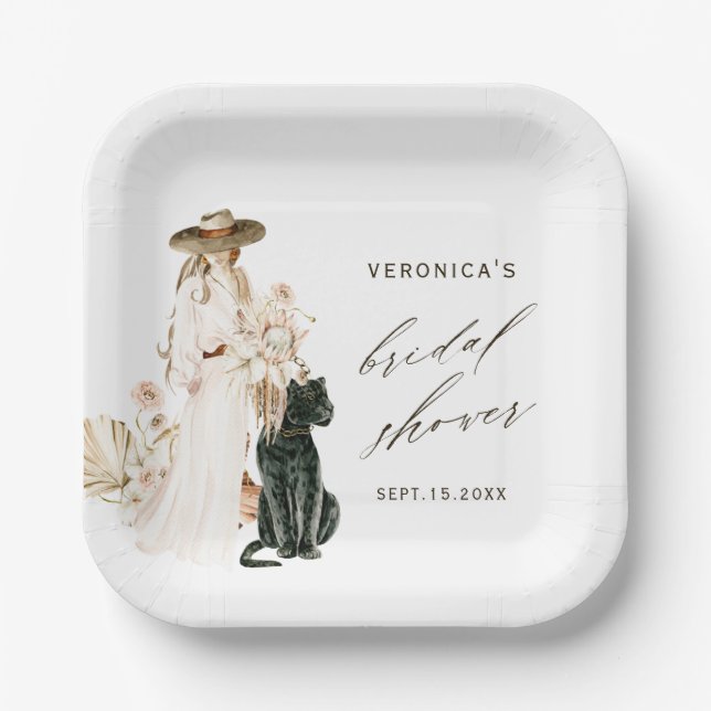 Assiettes En Carton Safari Wild Leopard Boho Lady Fête des mariées (Recto)