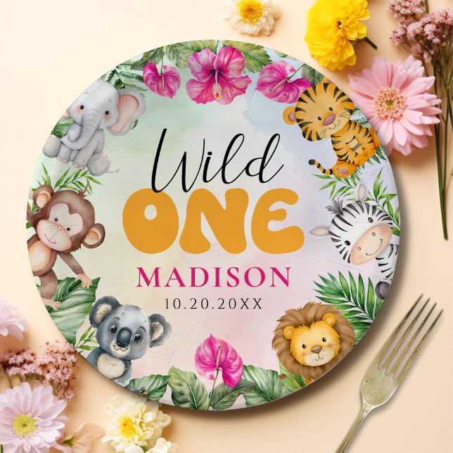 Assiettes En Carton Safari Wild One 1st Girl Birthday (Créateur téléchargé)