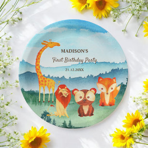 Assiettes En Carton Safari Zoo Animaux Aquarelle bleu vert