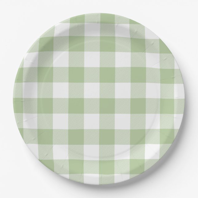 Assiettes En Carton Sage and White Buffalo Plaid Gingham (Devant)