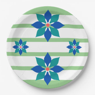 Assiettes En Carton Sage Bandes vertes et fleurs bleues