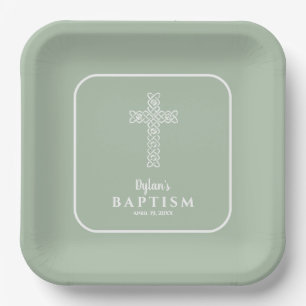 Assiettes En Carton Sage Croix Vert Communion Baptême Christening