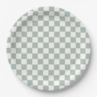Assiettes En Carton Sage Green and White Checkered