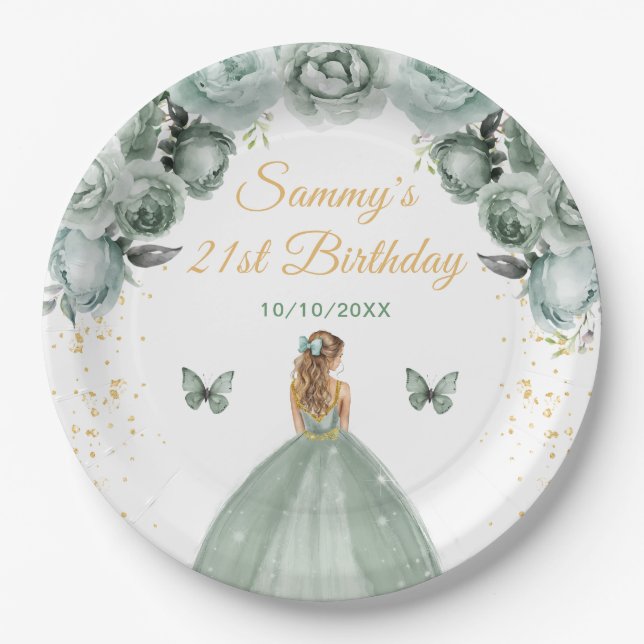 Assiettes En Carton Sage Green Blonde Coiffure Princesse Anniversaire (Devant)