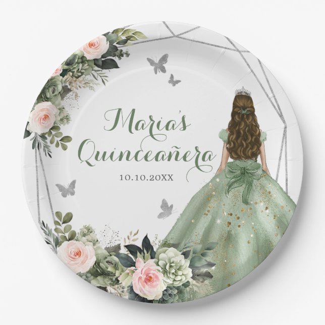 Assiettes En Carton Sage Green Blush rose Floral Princesse XV Años (Devant)