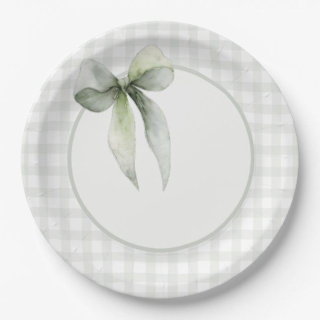 Assiettes En Carton Sage Green Bow Gingham Baby Shower (Devant)