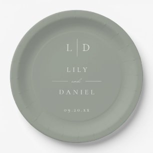 Assiettes En Carton Sage Green Élégant minimaliste Monogramme Mariage