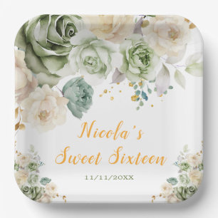 Assiettes En Carton Sage Green et crème Sweet sixteen Floral