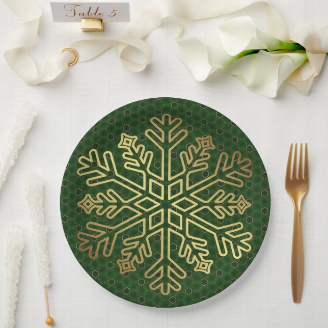 Assiettes En Carton Sage Green et Gold Snowflake personnalisable (Mariage)