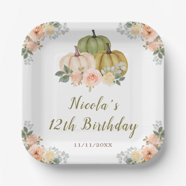Assiettes En Carton Sage Green et Peach Floral Citrouille Anniversaire (Recto)