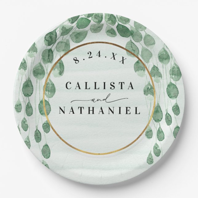 Assiettes En Carton Sage Green Eucalyptus Garland Gold Mariage ovale (Devant)