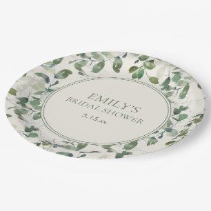 Assiettes En Carton Sage Green Eucalyptus Leaves Crème Baptême de Mari